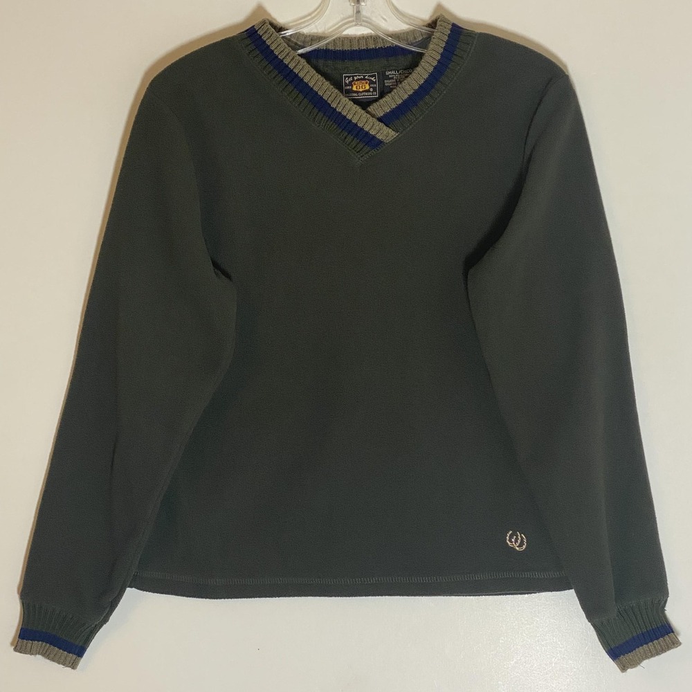 Route 66 Sweater Womens Small Green Fleece Striped V Neck Horseshoe Logo Western